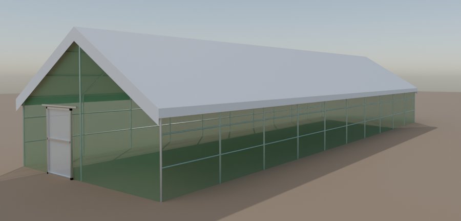 ニワトリ小屋の 3D モデル。切妻屋根のパイプハウス型で、壁は緑のネット、正面に白い扉がある。